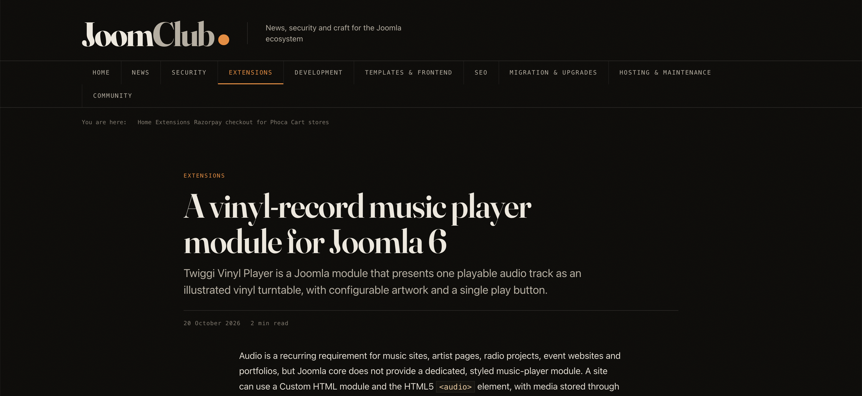 A vinyl-record music player module for Joomla 6